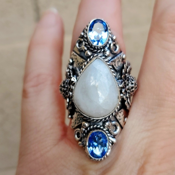 New Rainbow Moonstone & Blue Topaz 925 Silver Statement Ring. - Picture 1 of 7